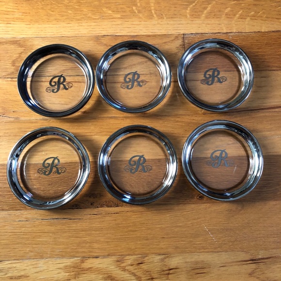 NWOT Set Of 6 White Gold Plated Engraved R Glass Dishes - Picture 2 of 4